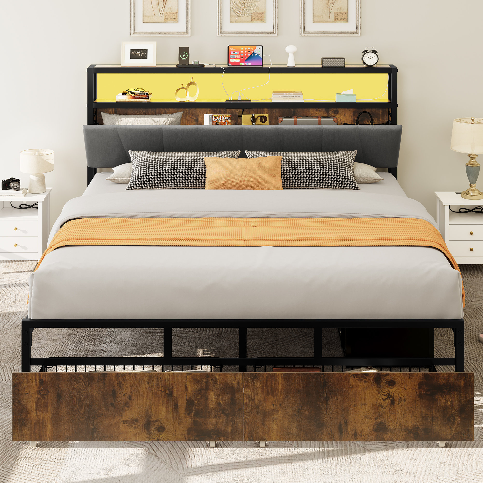 Raul Bed Frame with Drawers, Ergonomic Storage Headboard with Charging Station Trent Austin Design Size: Full