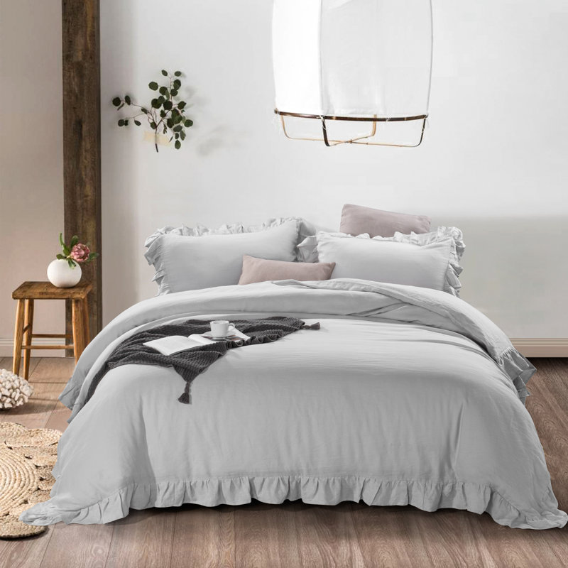 Gray Full/Queen Stone Washed Linen Ruffled Duvet Cover Set