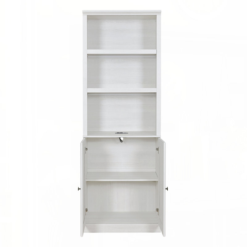 Bibliothèque 1 porte avec port USB et 3 tablettes ouvertes, Blanc rustique