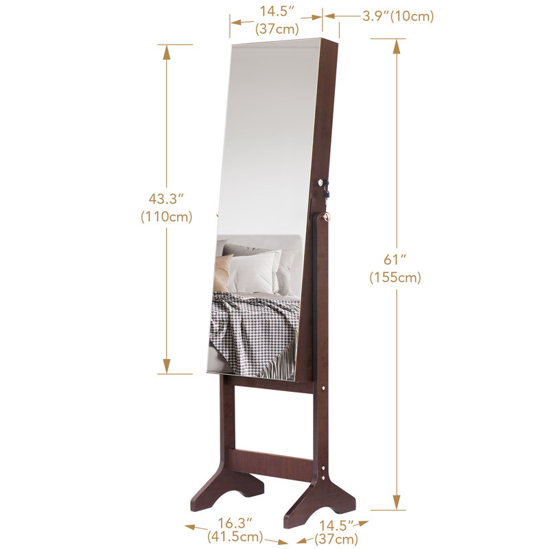Armoire à bijoux pleine grandeur avec lumières DEL à allumage automatique, 4 miroirs à angle réglable, brun, Brun