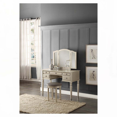 Bedroom Contemporary Vanity Set w Foldable Mirror Stool Drawers Silver Color