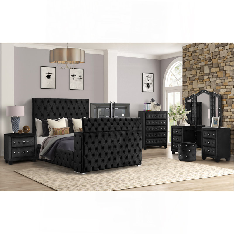 Ensemble de meuble-lavabo de style grand lit capitonné et rembourré 5 pièces Encore, Grand lit, Noir, noir, noir, noir