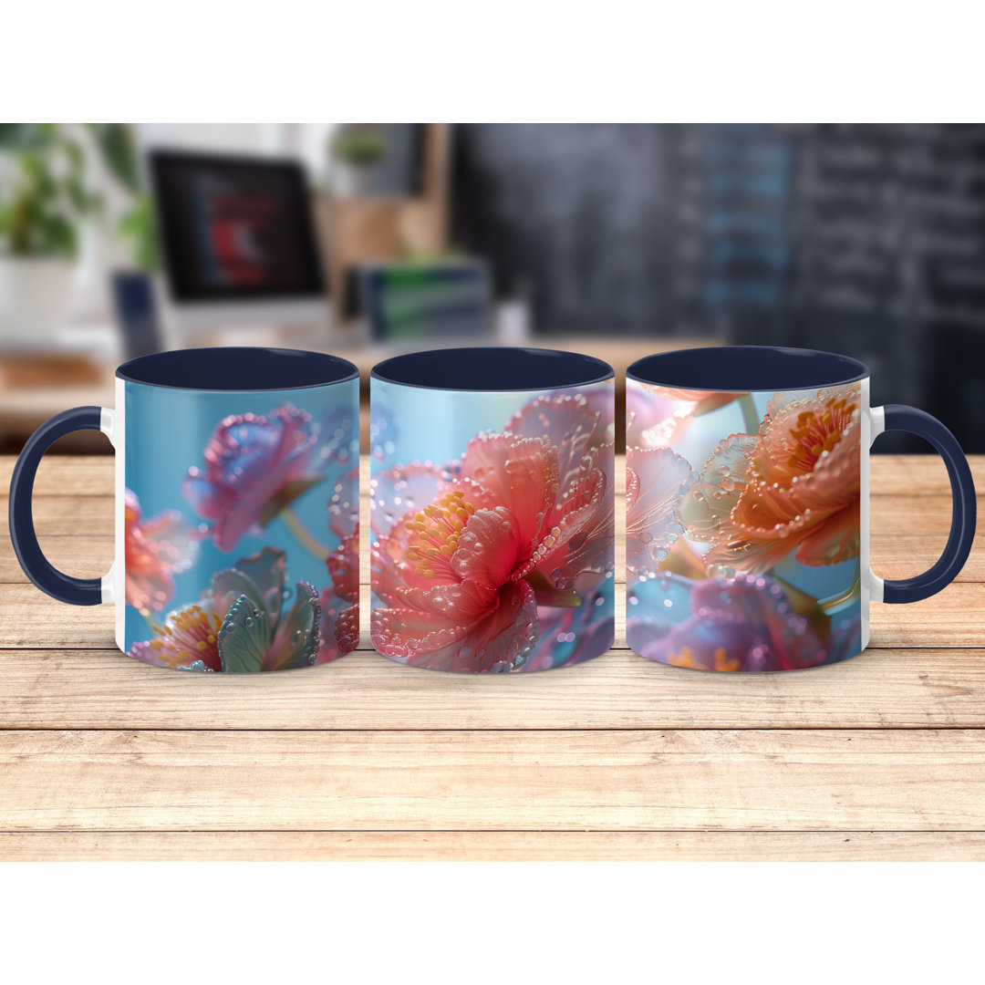 Set of 3 Colourful 3D Design 11oz Accent Mugs – White Ceramic Coffee Cups with a Navy Handle and Interior