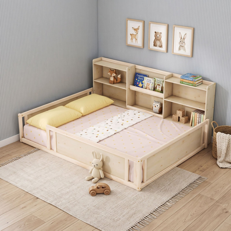 Lit plateforme en bois avec garde-corps et tablettes de rangement latérales, Lit double, Naturel