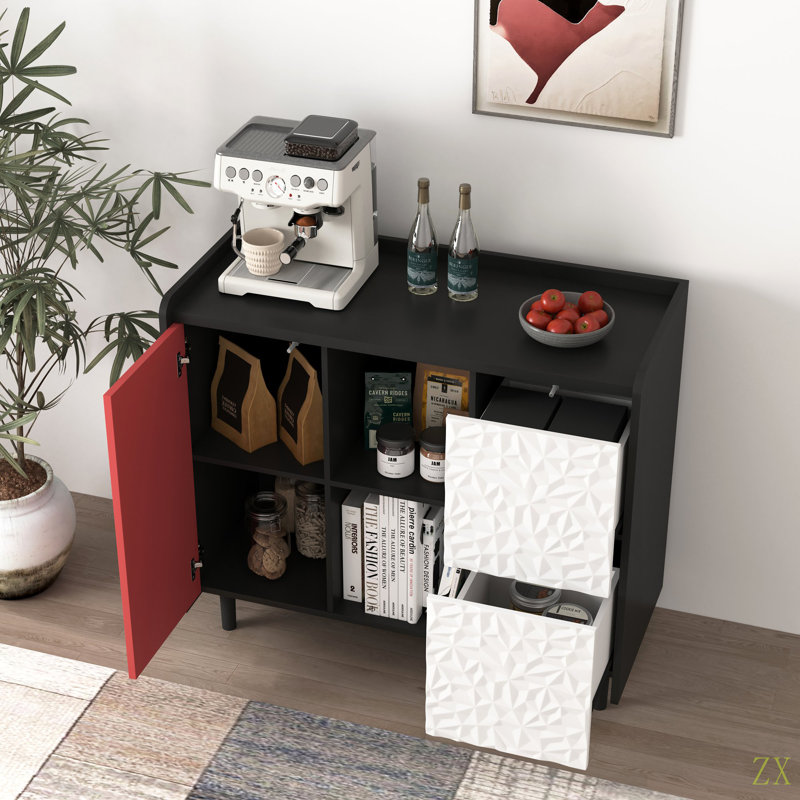 Buffet avec portes, 2 tiroirs avec panneau unique et 2 compartiments de rangement ouverts, armoire à café moderne pour la cuisine et la salle à manger