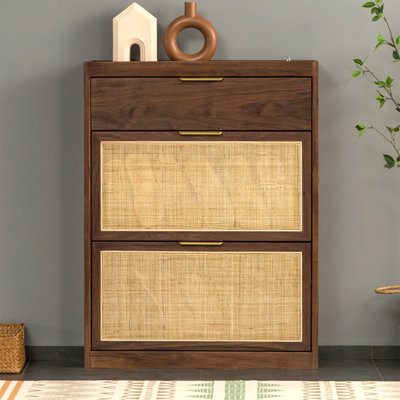 Solid Walnut Wood Slim Flip‑Down Shoe Cabinet with Rattan‑Woven Doors and One Drawer