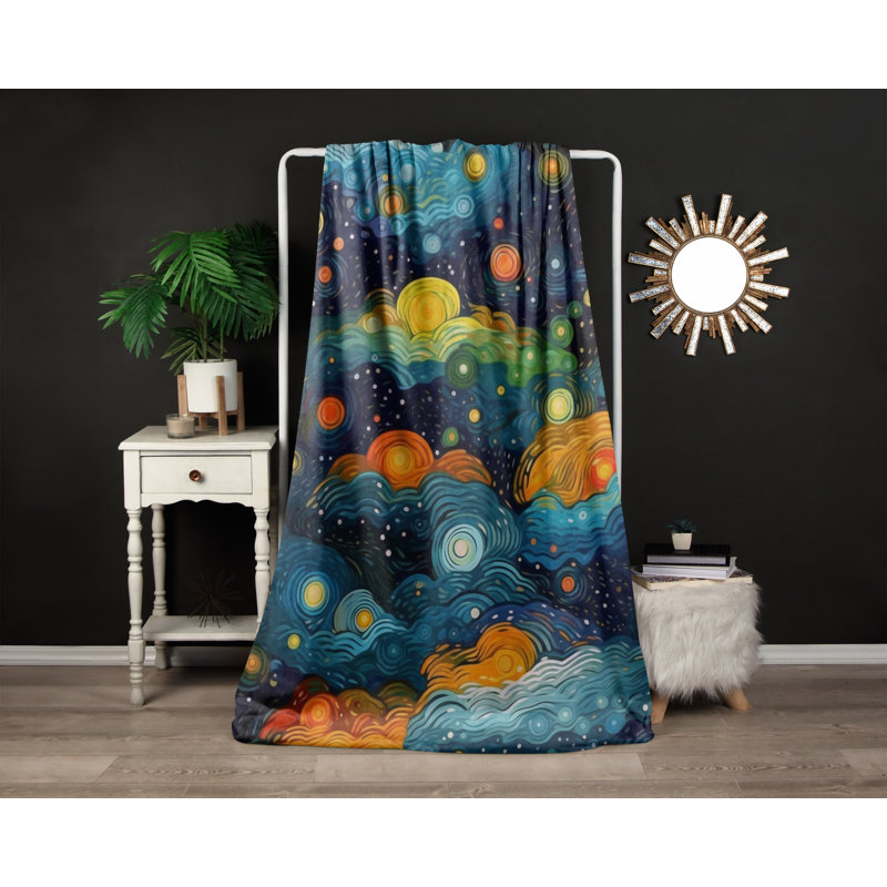 Throw Blanket, 68" W x 80" L, Abstract, Blue/Black/Yellow/Orange