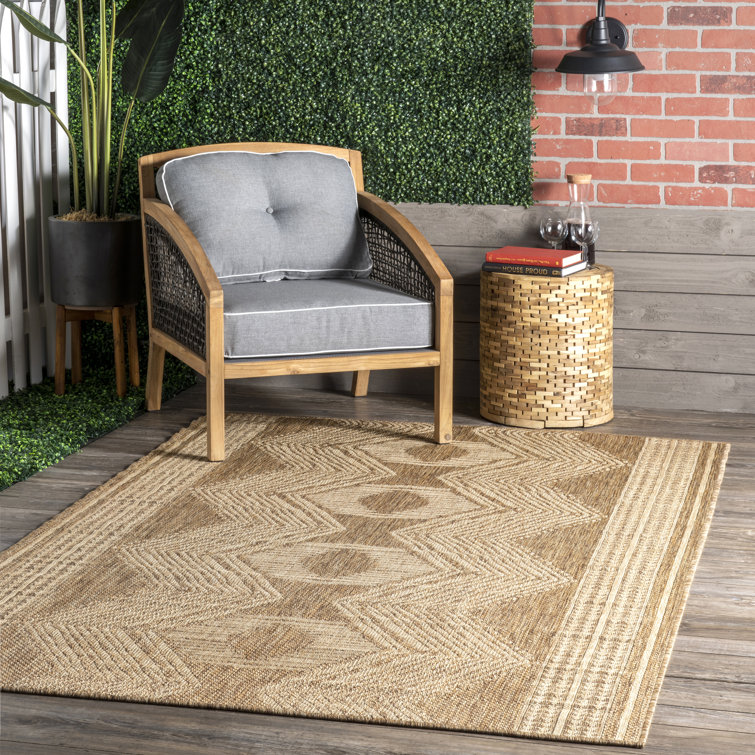 Geometric Indoor/Outdoor Rug for Living Room Patio Deck Front Porch Entryway Hallway Kitchen, Light Brown/Ivory