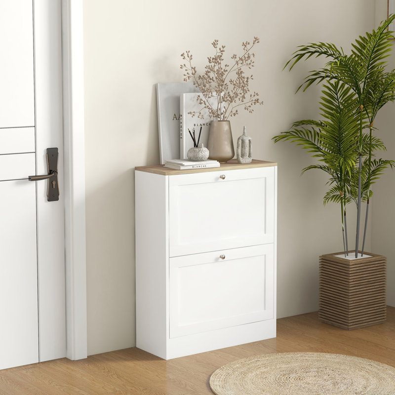 Slim Shoe Cabinet, Modern Hidden Shoe Storage Cabinet With 2 Flip Drawers, Brown/White