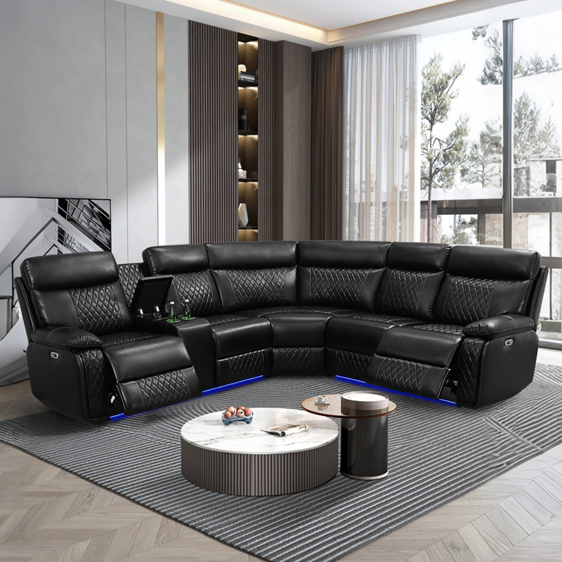 Canapé inclinable en cuir 185 po avec lumières DEL, console de rangement et conception à plat réglable