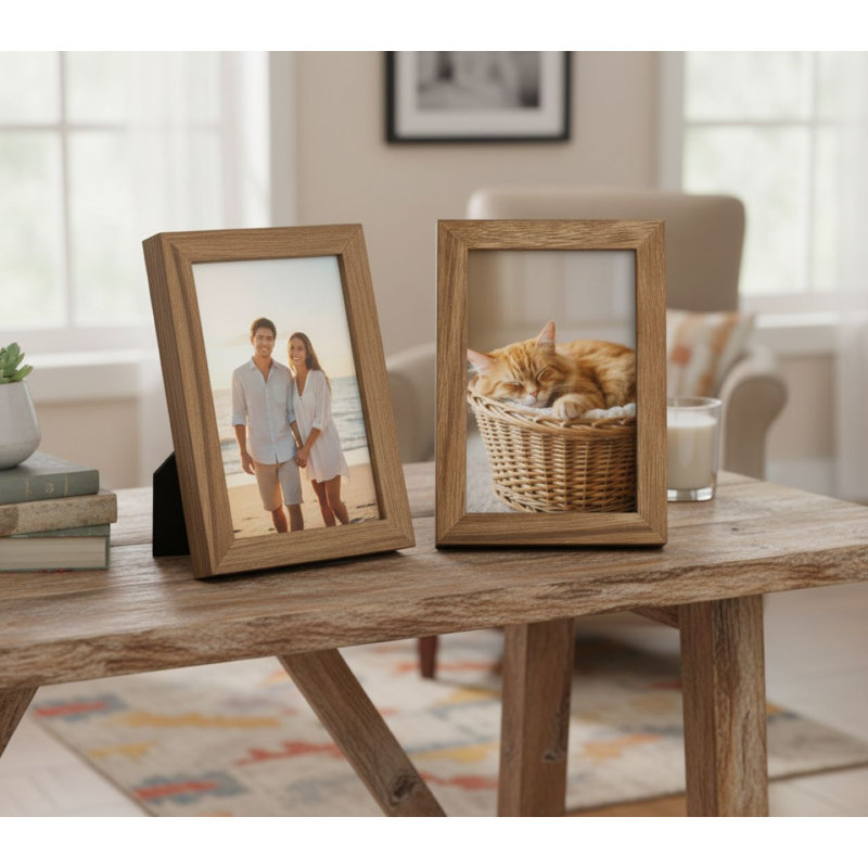 Ensemble de 2 cadres photo 4 x 6 avec verre haute définition, bois massif, double usage pour table et fixation murale, Brun