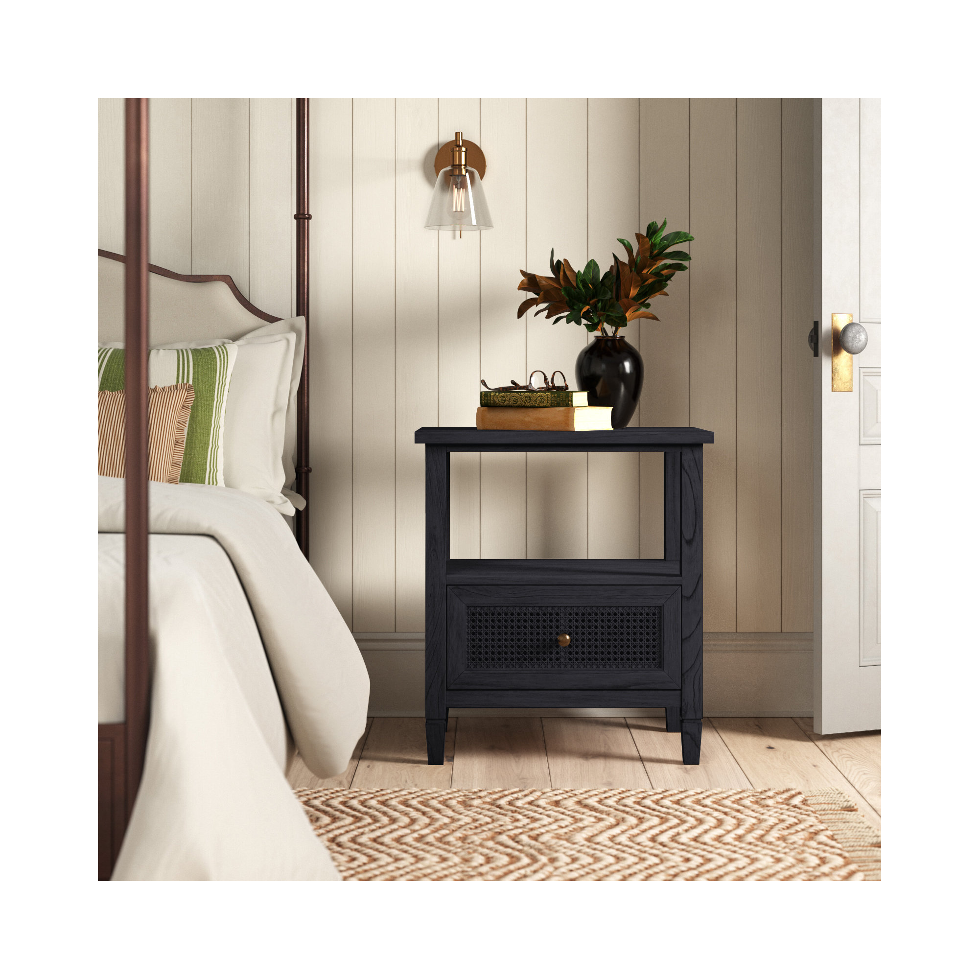 Charleston 1 - Drawer Cane Nightstand, Washed Black