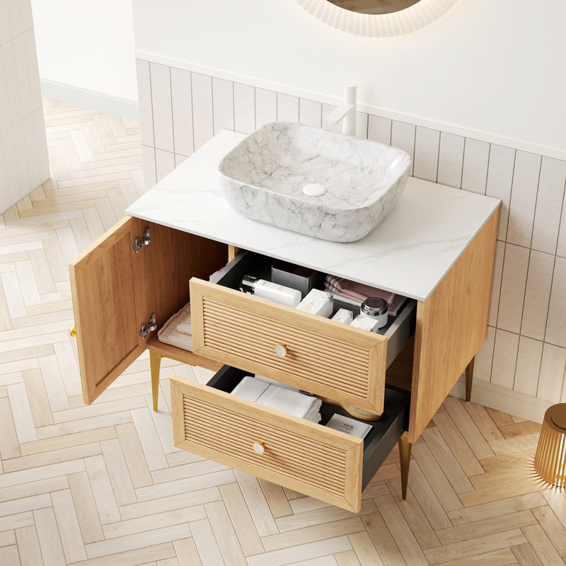 Meuble-lavabo autoportant en contreplaqué avec 2 tiroirs, 35.06 "H x35.85"W x 20.49"D