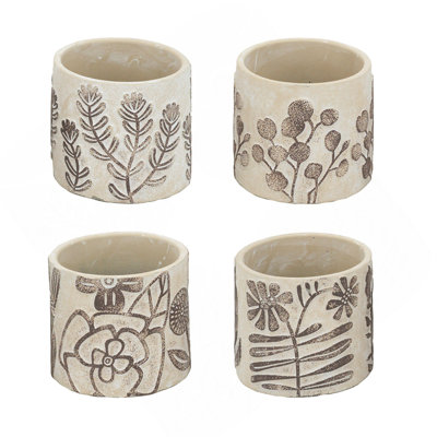 Ensemble de 4 jardinières en sable et ciment gris 4,3 x 4,3 x 4 po avec motifs botaniques bruns