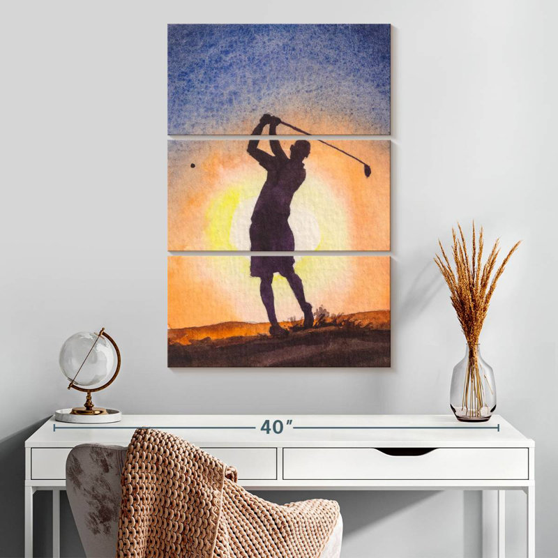 Golfeur au coucher du soleil, H 32 po x l 20 po