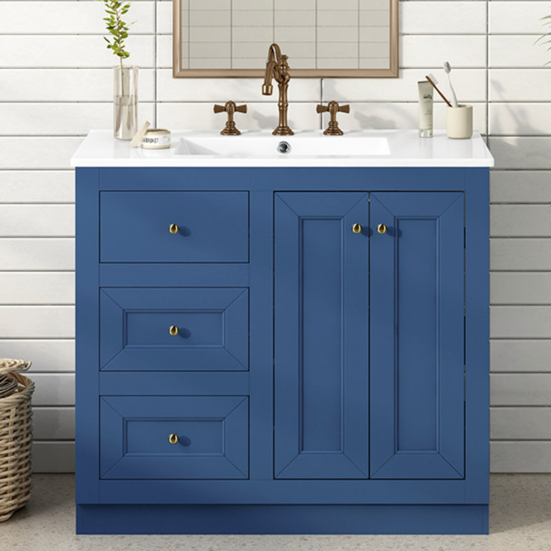 Meuble-lavabo sur pied 36 po avec lavabo en céramique, armoire de rangement avec 2 tiroirs et tablette en bois massif et panneau de fibres à densité moyenne