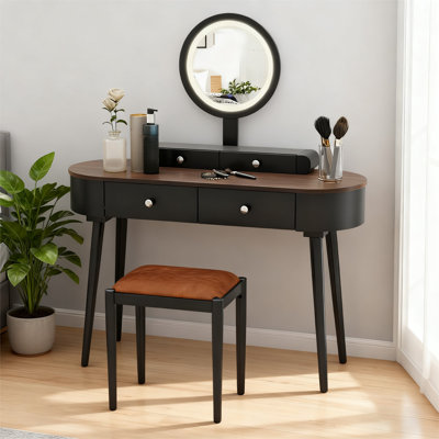 Ensemble de coiffeuse avec miroir à DEL, 3 pansements réglables avec interrupteur tactile, 4 tiroirs, tabouret rembourré
