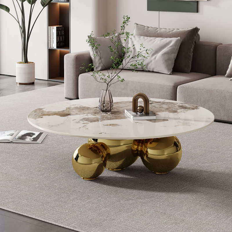 Modern 39.4" Faux Marble Single Base Round Coffee Table for Living Room, Beige Marble, Gold