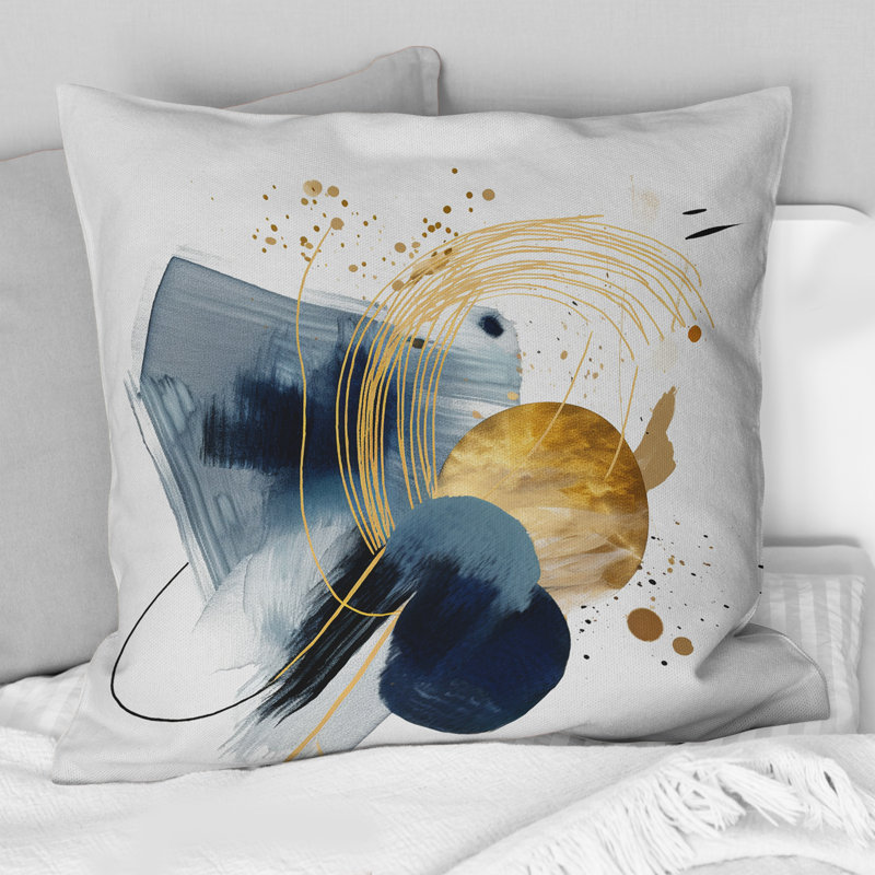 Landscape Of Dark Blue And Gold Strokes III - Abstract Geometric Printed Throw Pillow