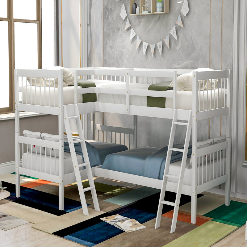 Lit superposé en L avec échelle, taille simple - gris, White
