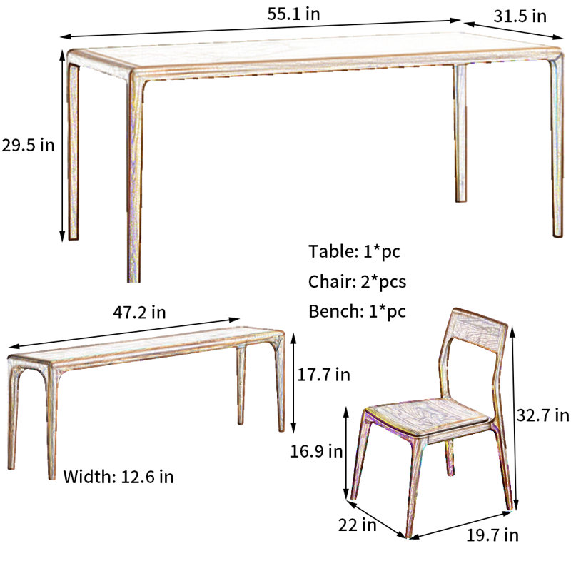 Ensemble de table de salle à manger en noyer noir, H 29,5 po x L 55,1 po x l 31,5 po