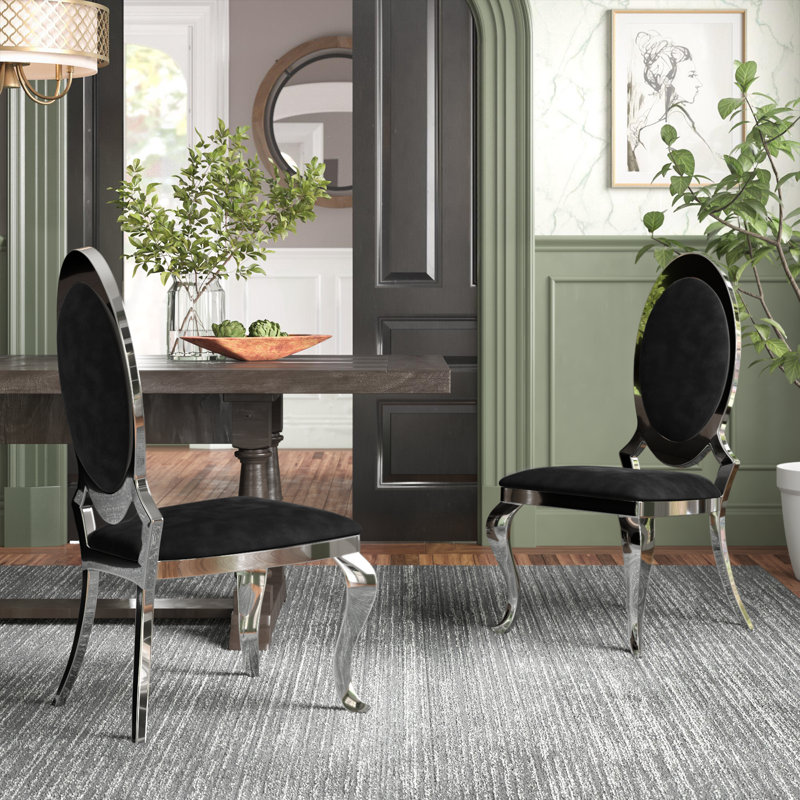 Amity Upholstered King Louis Back Side Chair with Stainless Steel Frame, Black, Silver