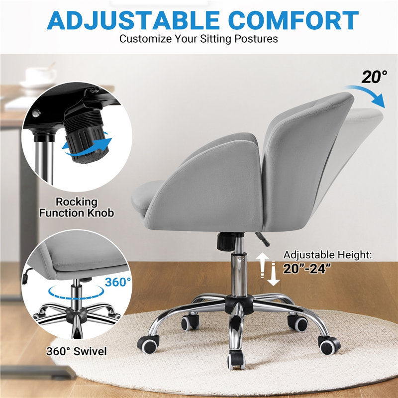 Corson Modern Swivel Rolling Desk Chair for Home Office with Armrests, Light Gray Velvet