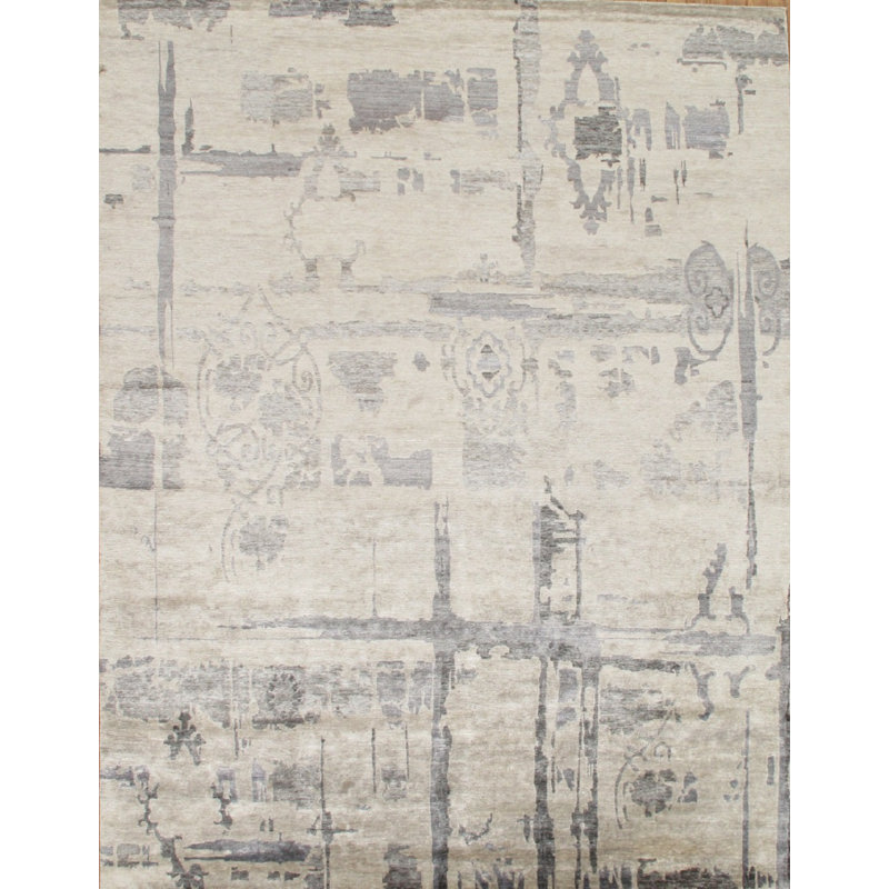 Modern Hand Knotted Abstract Area Rug in Ivory/Grey, Rectangle 6' 1" X 8' 7"