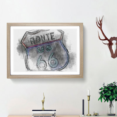 Neon Route 66 Sign in Abstract - Framed Print