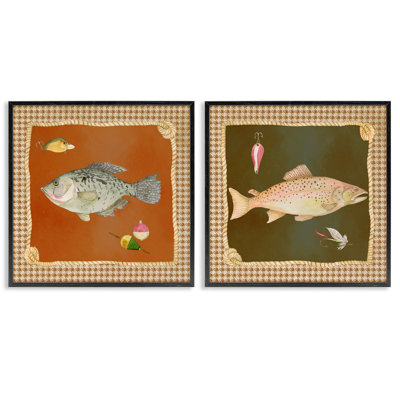 Fish & Lures over Houndstooth 2pc Framed Giclee Set, design by Lee Ann Sanders