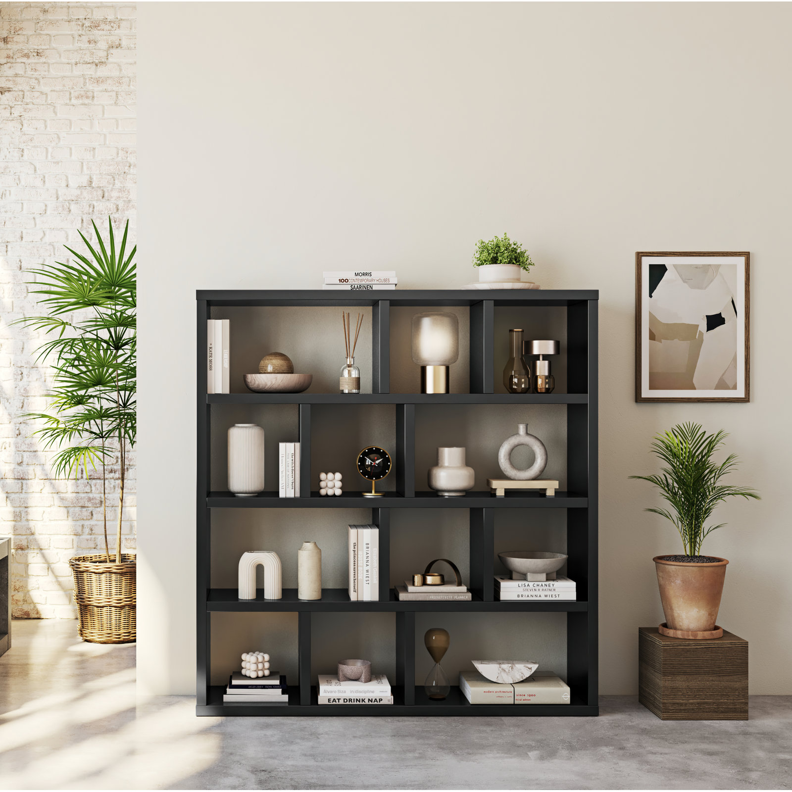 Stetson Wood Bookcase, (4 Shelves) 63" H x 59" W x 13" D, Pure Black