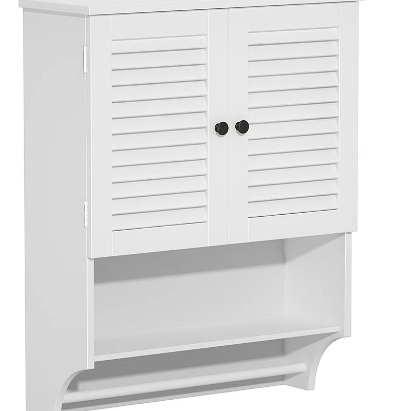 Armoire de salle de bain blanche avec portes à persiennes, tablettes réglables pour les articles de toilette, tablette ouverte et barre à serviettes, fabriquée à partir de zones humides de haute qualité, d'une hauteur de 29,08 po avec tablettes intérieures
