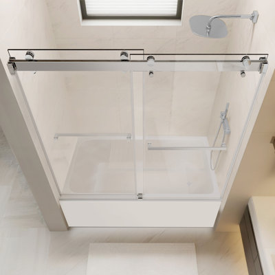 Porte de douche coulissante l 60 po x H 60 po, verre trempé de 3/8 po (10 mm), rail en acier inoxydable, glissement en douceur avec tampon, plage réglable de 4 po, installation à gauche / droite