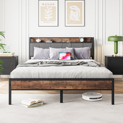 Twin Size Bed Frame, Storage Headboard With Charging Station, Solid And Stable, No Box Spring Needed, Easy Assembly