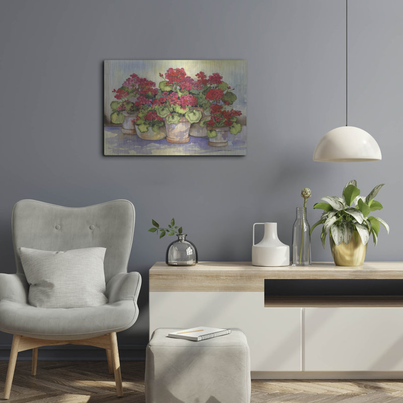 «Spring Geraniums» par Kathleen Parr, art mural en métal, H 16 po x l 24 po