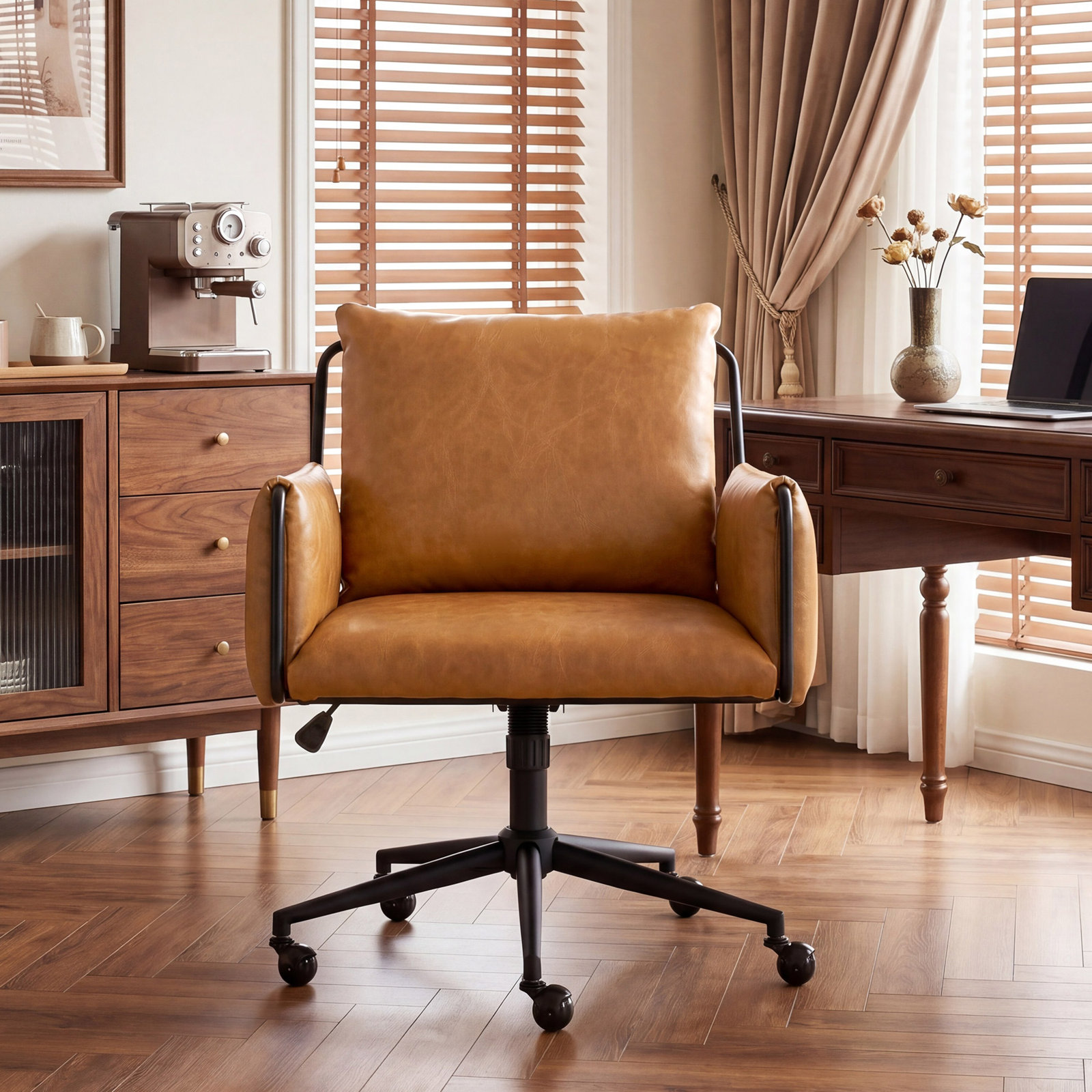 Arianna Upholstered Swivel Office Chair, Brown Seat/ Black Frame