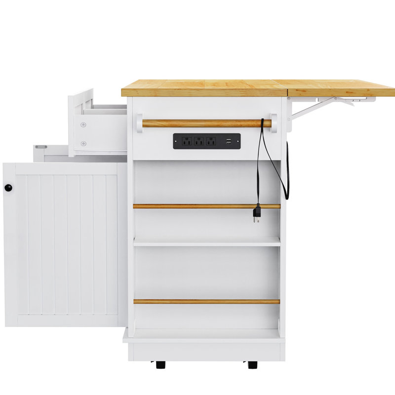 Îlot de cuisine 48 po avec rangement interne, alimentation, 5 roulettes, 2 tiroirs, tablettes réglables, station de charge de couleur blanche, 5 roulettes,
