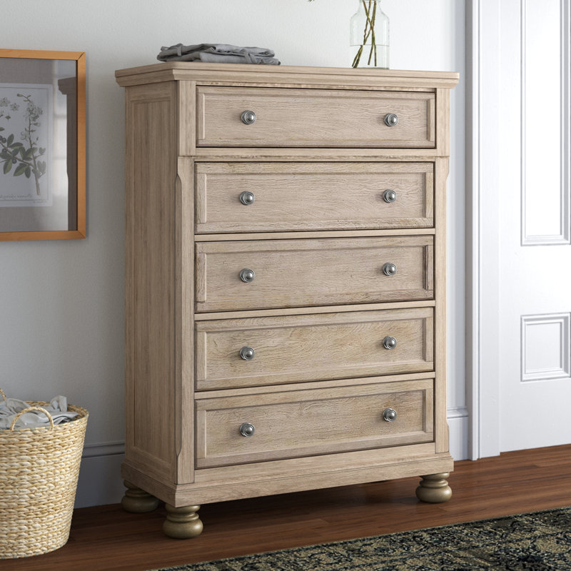 Commode 5 tiroirs Alek, Gris brossé au métal