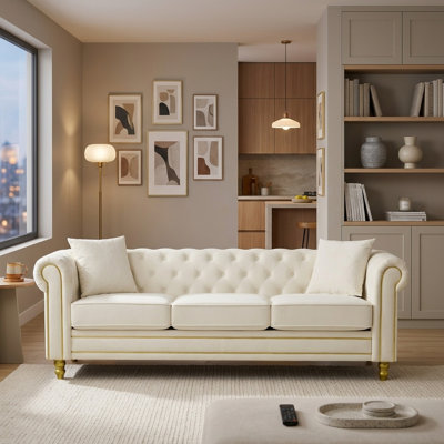 30" W Mid-Century Modern Chesterfield 3 Seater Sofa with Gold Legs and Beige Velvet Upholstery