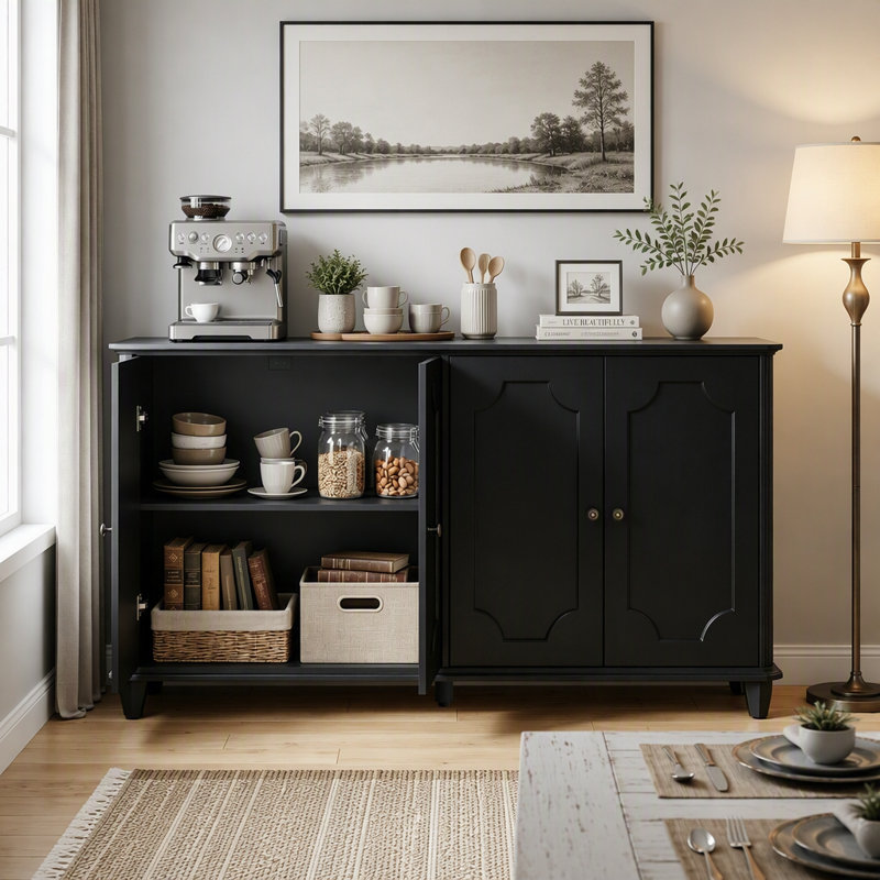 Buffet de style champêtre avec 4 portes cintrées décoratives, Black