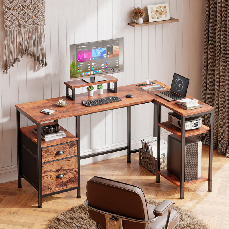 Bureau d'ordinateur en L avec 2 supports pour écran, prise de courant, base de bureau en métal avec tiroirs, Brun / Noir