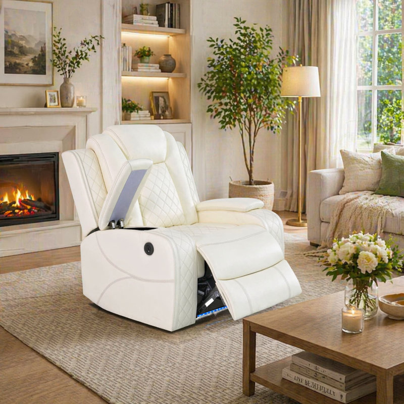 Ensemble de canapé inclinable électrique 3 pièces en similicuir blanc respirant avec console de rangement, porte-gobelets, ports USB, éclairage à DEL et recharge sans fil