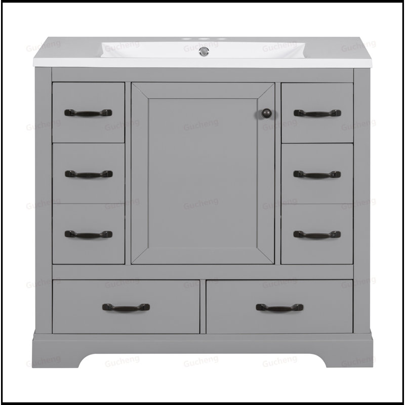 Meuble-lavabo 36 po avec six tiroirs, Gris