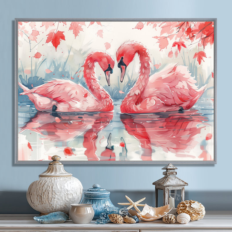 Décoration murale rose, cygne et étang blanc - animaux cygnes, H 30 po x l 40 po x P 1,5 po