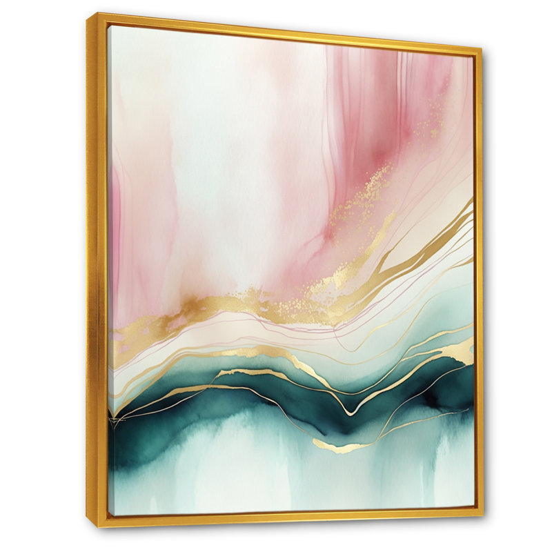 Géode abstraite rose et marbre vert II, reproduction sur toile, H 40 po x l 30 po x P 1,5 po, Toile avec cadre flottant or