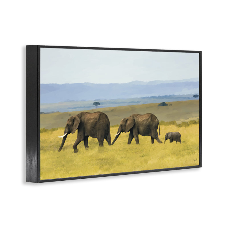 Éléphants dans la prairie, estampe numérique, conception par Renel Peters, H 20 po x l 30 po, Giclée noire de minuit encadrée