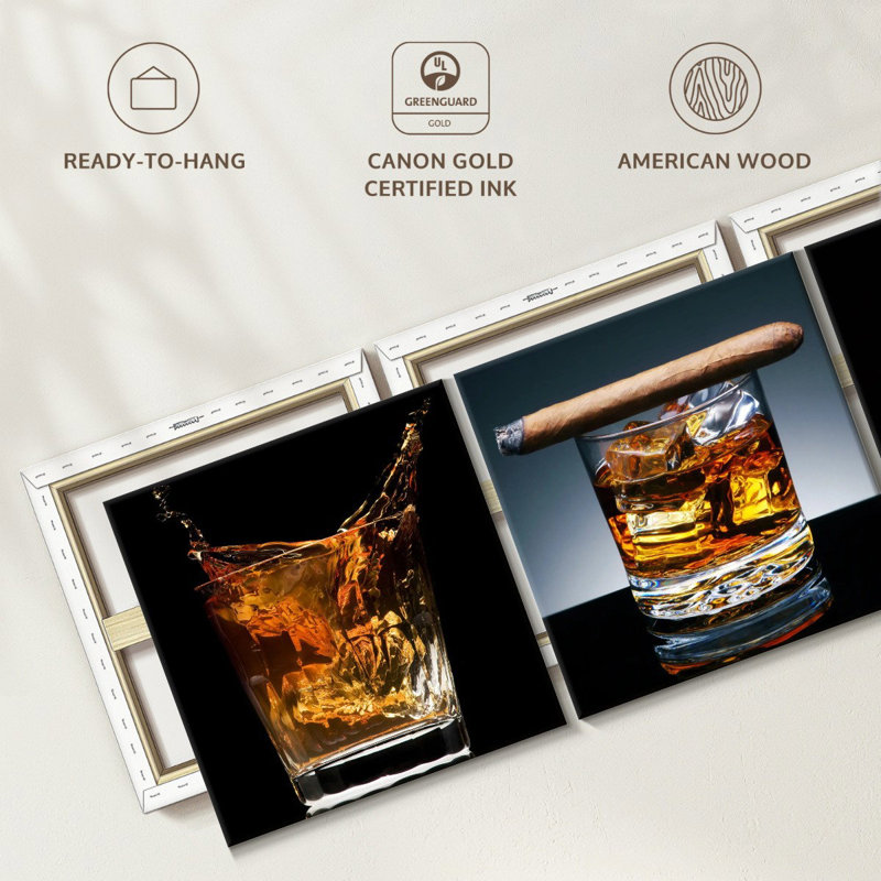 Bourbon whisky verre sur toile, ensemble de 3 pièces, H 15 po x l 47 po x P 1,25 po