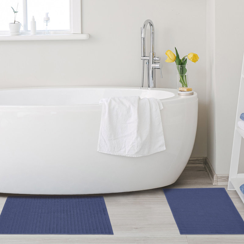 Pardue Cotton Geometric-Striped Reversible 2 Piece Bath Mat Set, Navy Blue, Solid Color