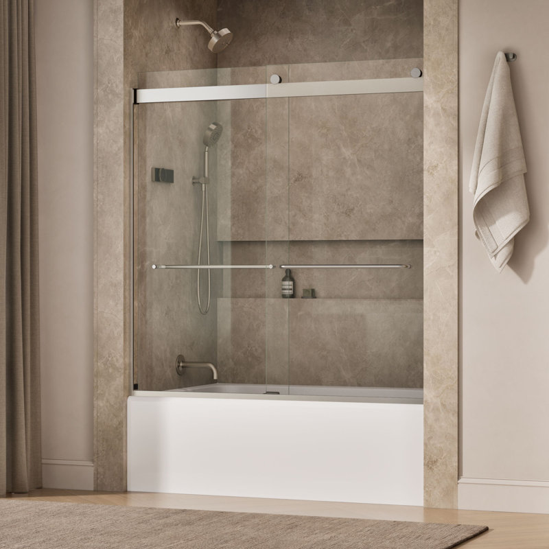 Levity 59.63" x 62" Bypass Bath Door with CleanCoat Technology, Matte Nickel, Clear