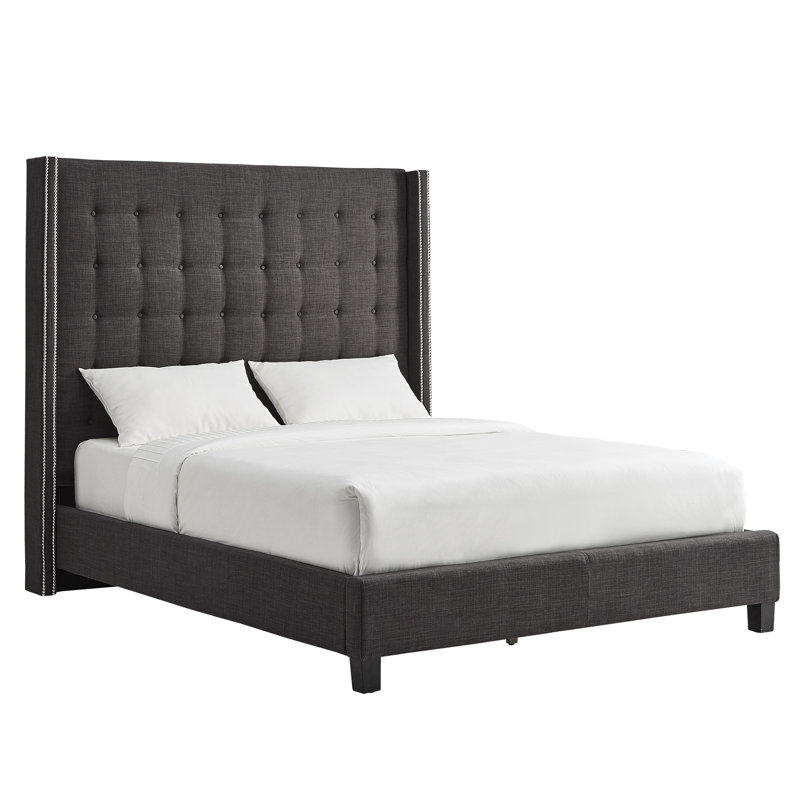 Lit à panneau tapissier Kaster, Lin gris foncé chiné, Très grand